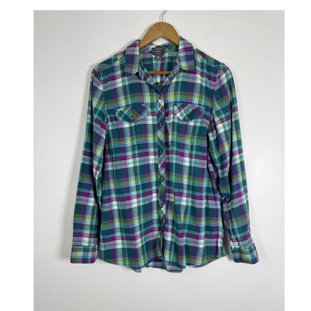 Outdoorsy Eddie Bauer Womens Large Button Front Flannel Shirt Teal Purple Plaid